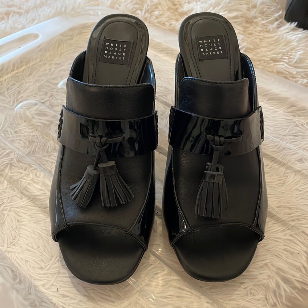 Black heeled slides - patent leather detail with tassels as well !